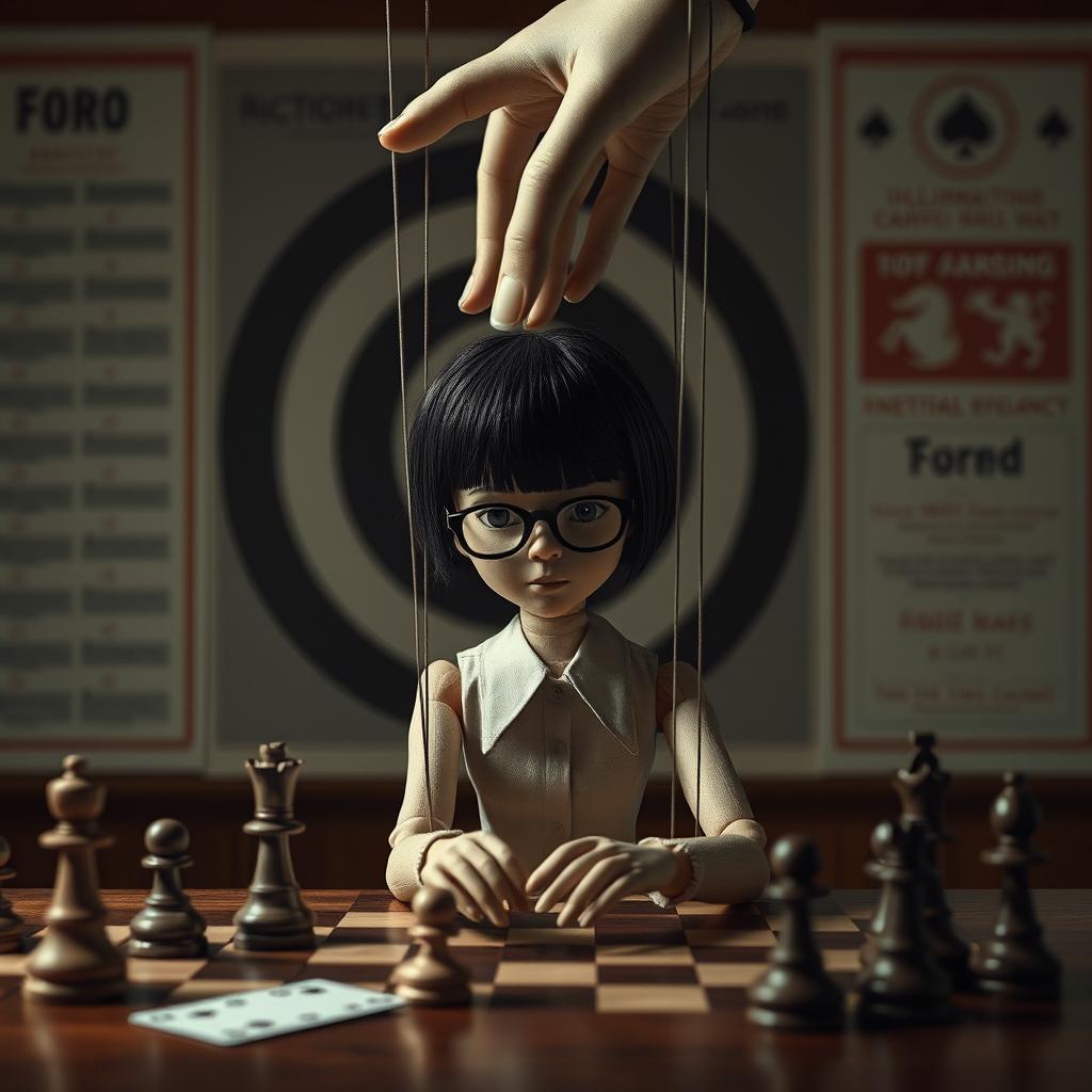 A shadowy figure of a boyish girl with short hair and glasses, resembling an ordinary human rather than a wooden doll, sitting in a forward-facing position