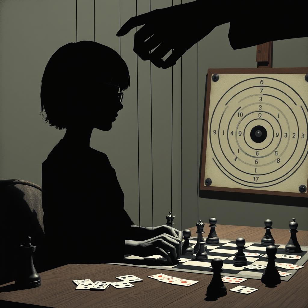 A shadowy figure of a boyish girl with short hair and glasses, depicted in a forward-facing sitting position