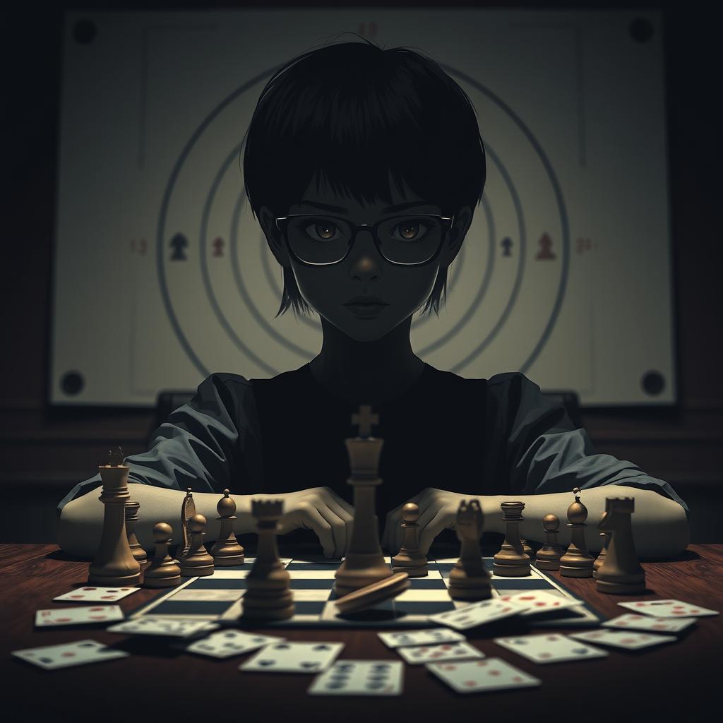 A shadowy figure of a boyish girl with short hair and glasses, portrayed in a forward-facing seated position