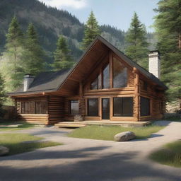 A peaceful two-storey retreat camp administration building, nestled on a mountain slope. Details include two offices, three cozy bedrooms, a functional kitchen, a dining space designed to serve 80 people, and an inviting gathering area centered around a comforting fireplace.