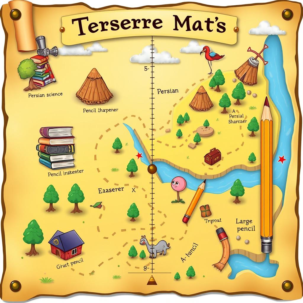 A whimsical treasure map designed for measuring various school supplies including Persian science and math textbooks, a pencil sharpener, an eraser, a small pencil, and a large pencil