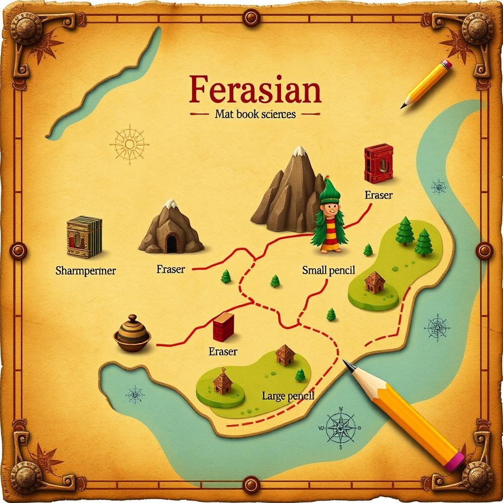 A treasure map designed specifically for measuring various school supplies, including Persian science math books, a pencil sharpener, an eraser, a small pencil, and a large pencil