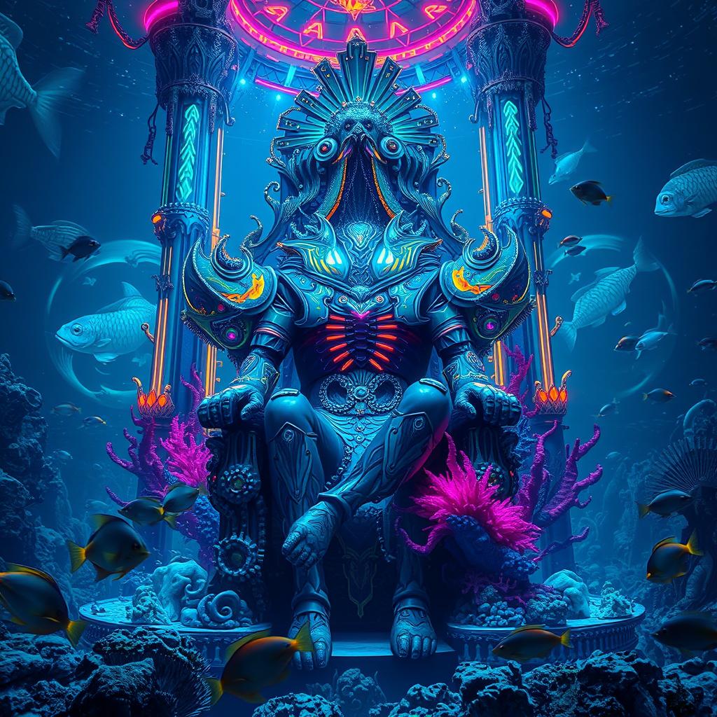 A majestic cyberpunk fish king, adorned with futuristic armor and glowing patterns, sitting on a grand throne made of coral and metallic elements, surrounded by vibrant neon underwater lights