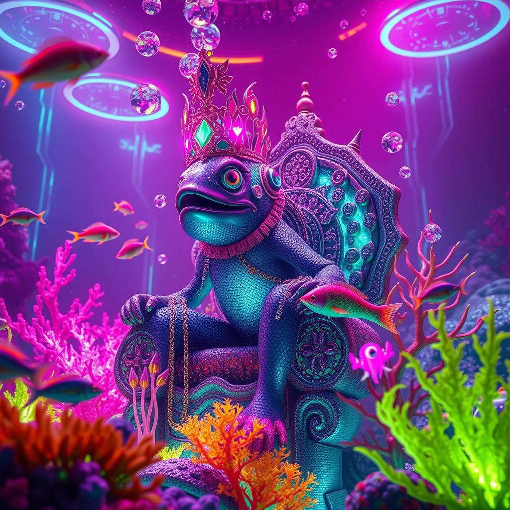 A majestic cyberpunk fish king sitting on a throne made of shimmering coral and glowing neon elements, surrounded by colorful aquatic plants and schools of futuristic fish