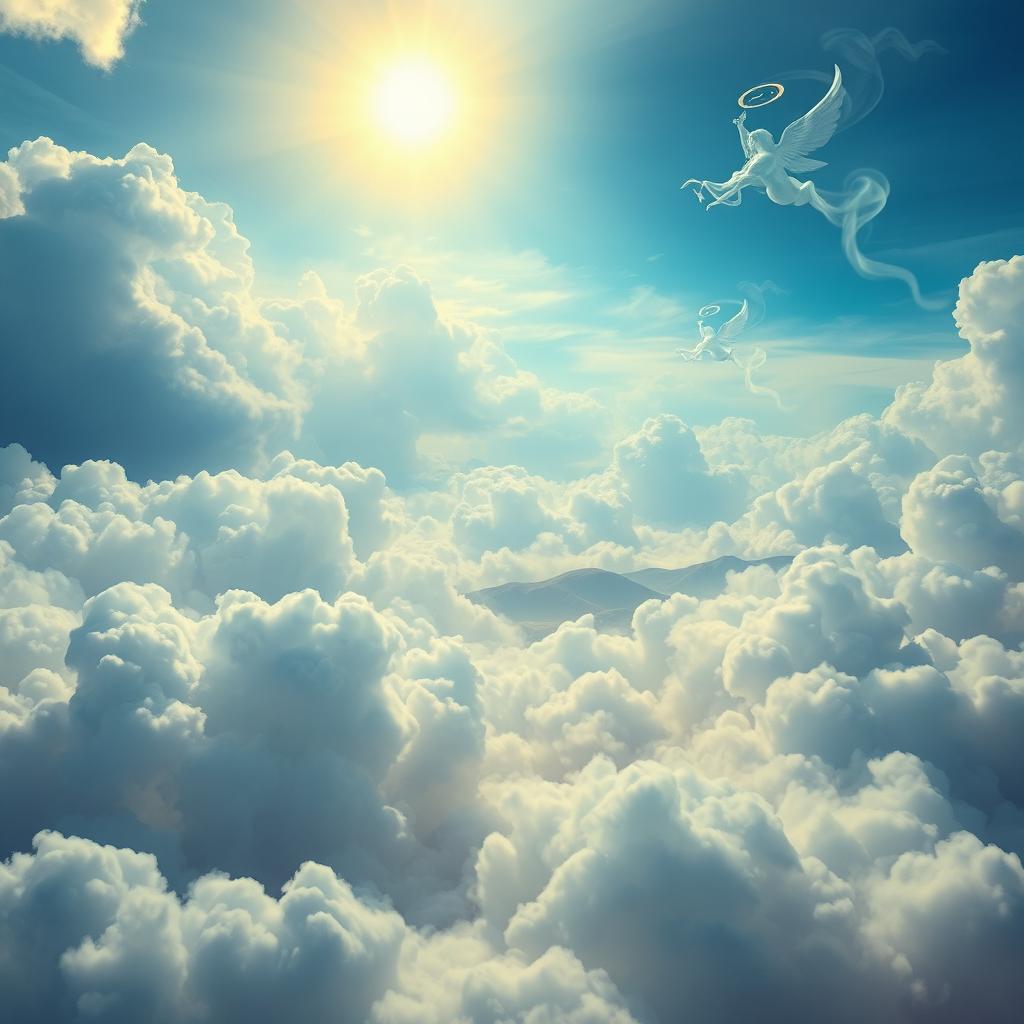 A surreal and ethereal landscape representing 'smoking heaven', with fluffy white clouds blending with vibrant shades of blue and gold