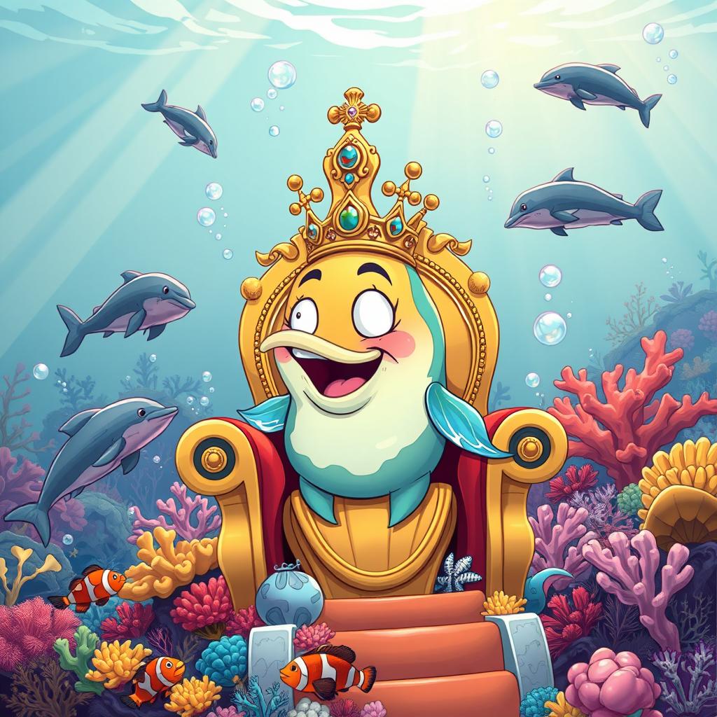 A whimsical comic style illustration of a Fish King sitting regally on a grand throne adorned with coral and seashells