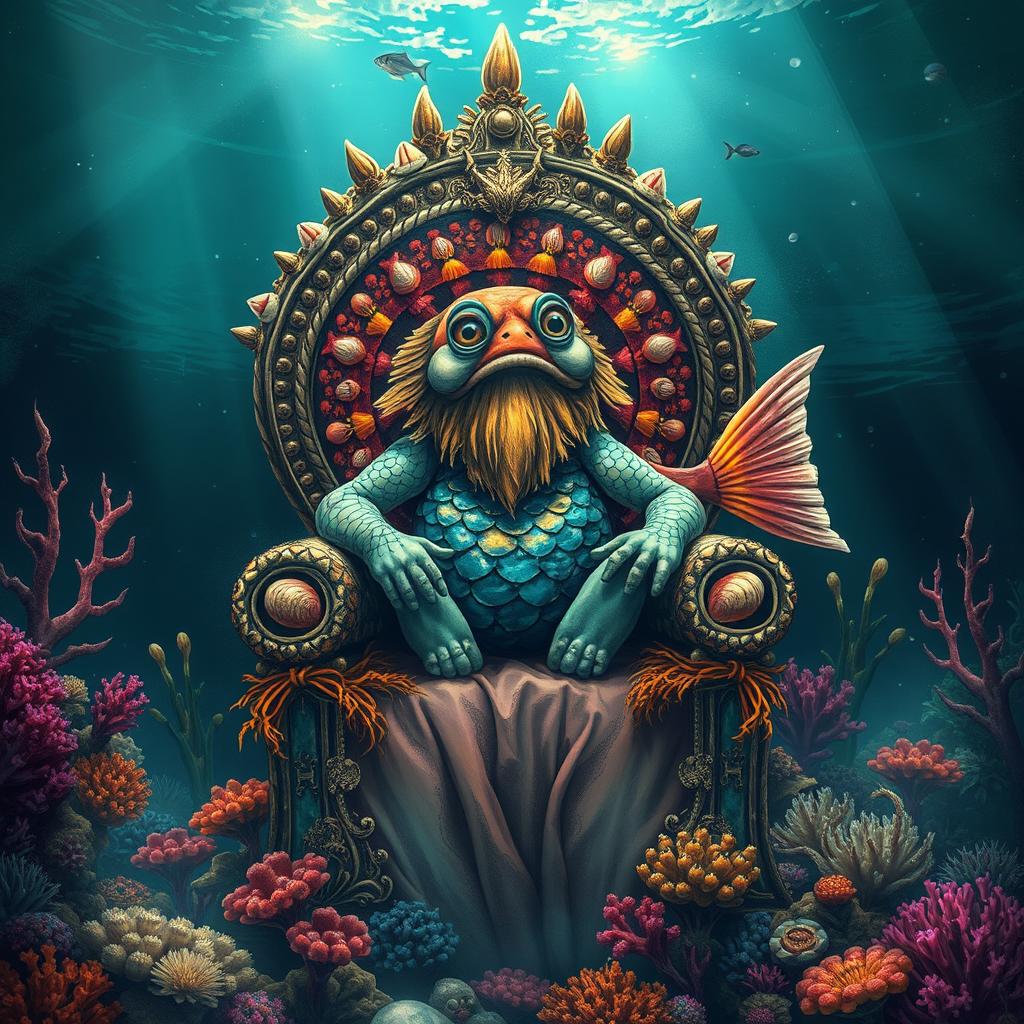 A grunge style fish king sitting regally on a throne submerged underwater, surrounded by an array of colorful coral and aquatic plants