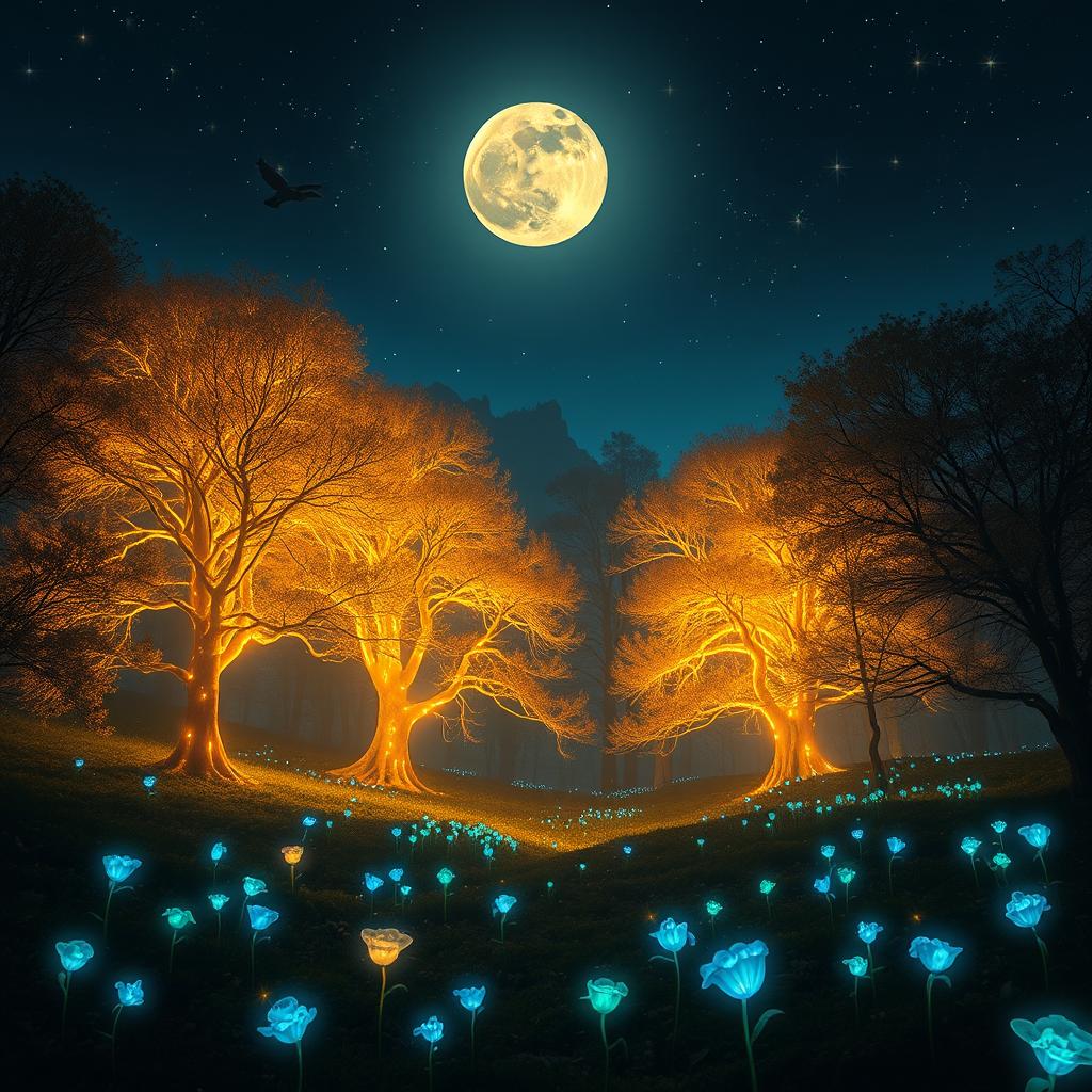 An ethereal, glowing forest at twilight, with luminous trees radiating soft, golden light and magical creatures hovering around, creating a whimsical atmosphere