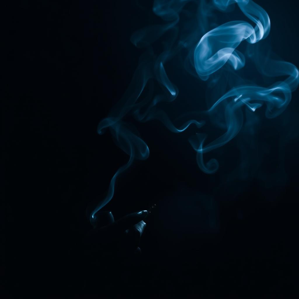 A mysterious scene depicting a shadowy figure smoking, with swirling smoke that forms intricate patterns in the air