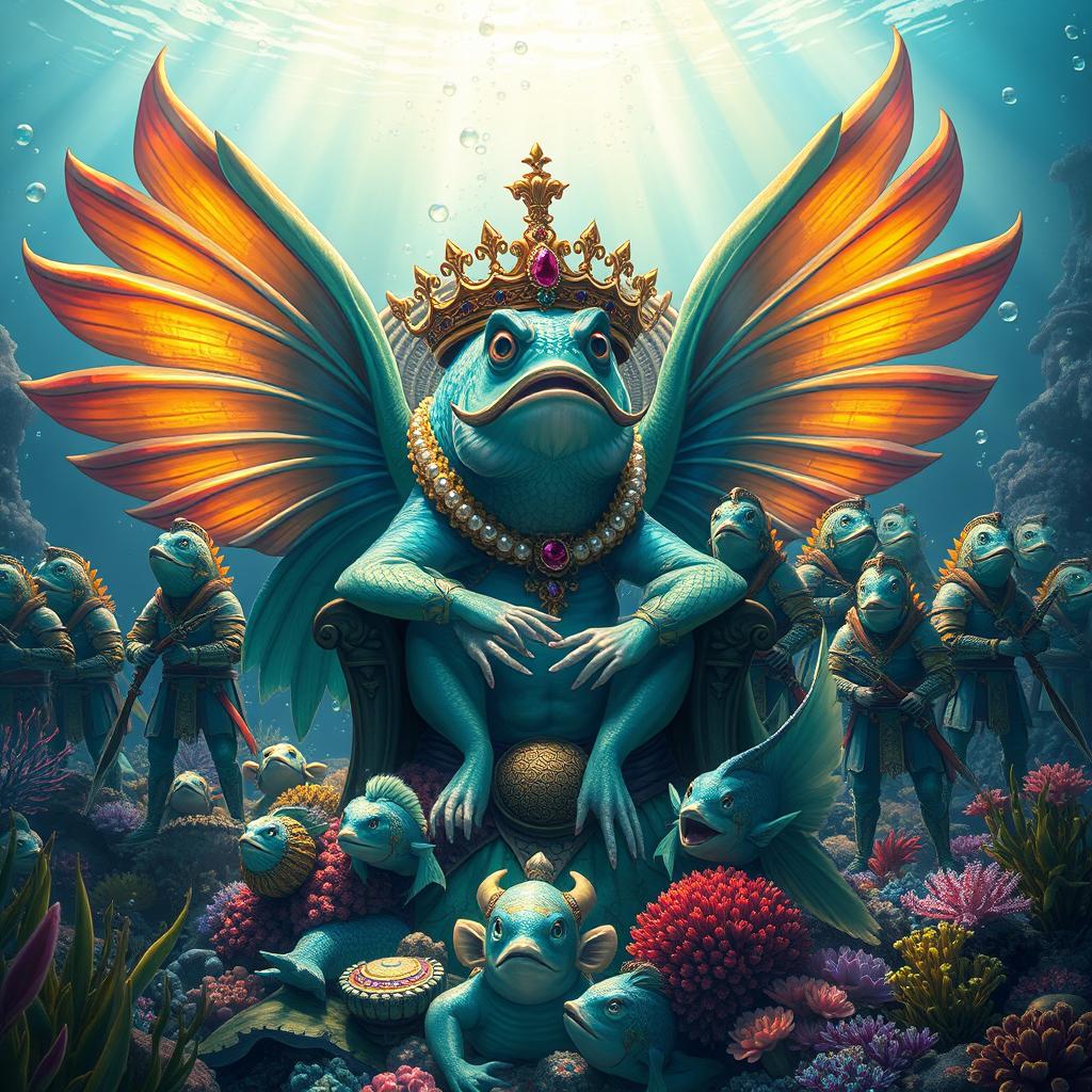 An epic scene of a majestic fish king with large, colorful fins, seated regally on an underwater throne made of coral and shimmering pearls