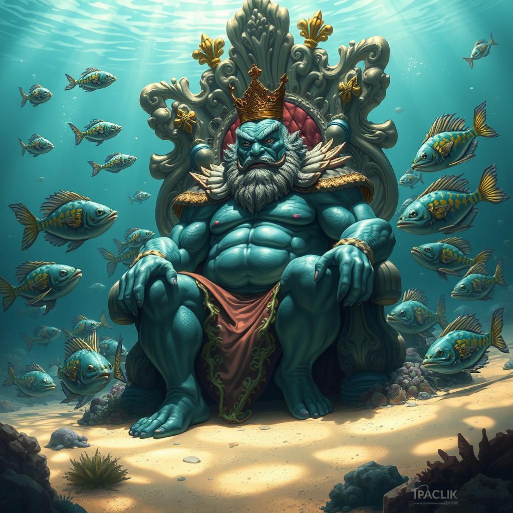 An epic, imposing fish king with a muscular physique and large, ornate fins, sitting confidently on an intricately designed underwater throne