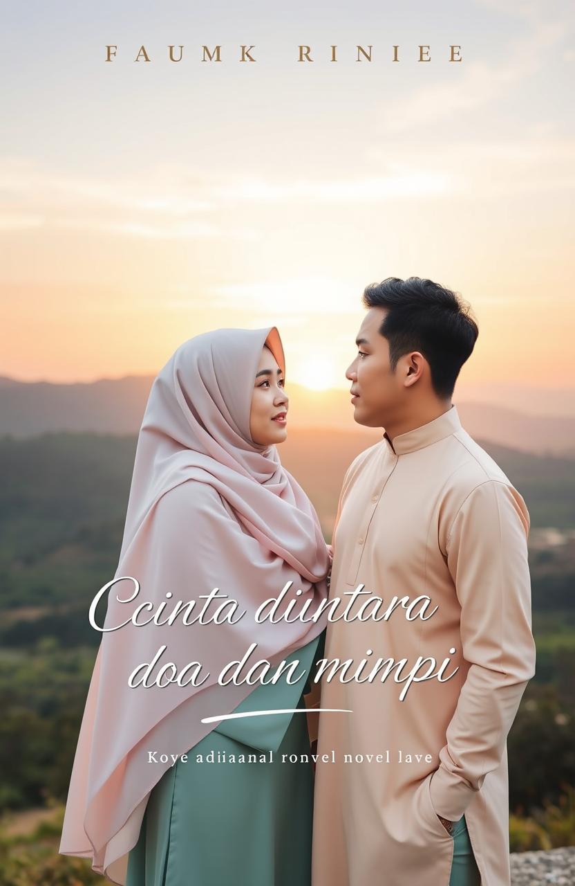 A romantic novel cover for 'Cinta diantara doa dan mimpi', featuring a Muslim man and woman