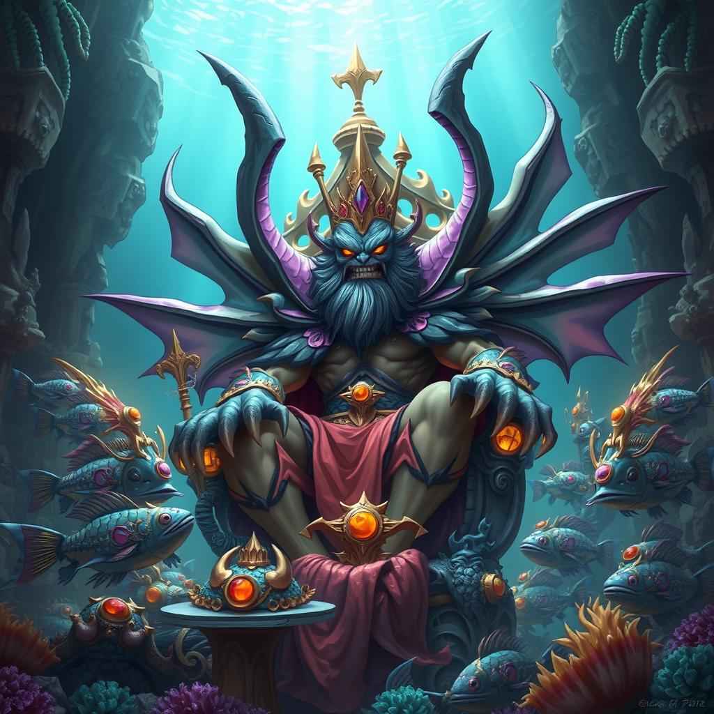 An epic, evil masculine Fish King with large, elaborate fins, sitting confidently on a majestic underwater throne made of coral and gems