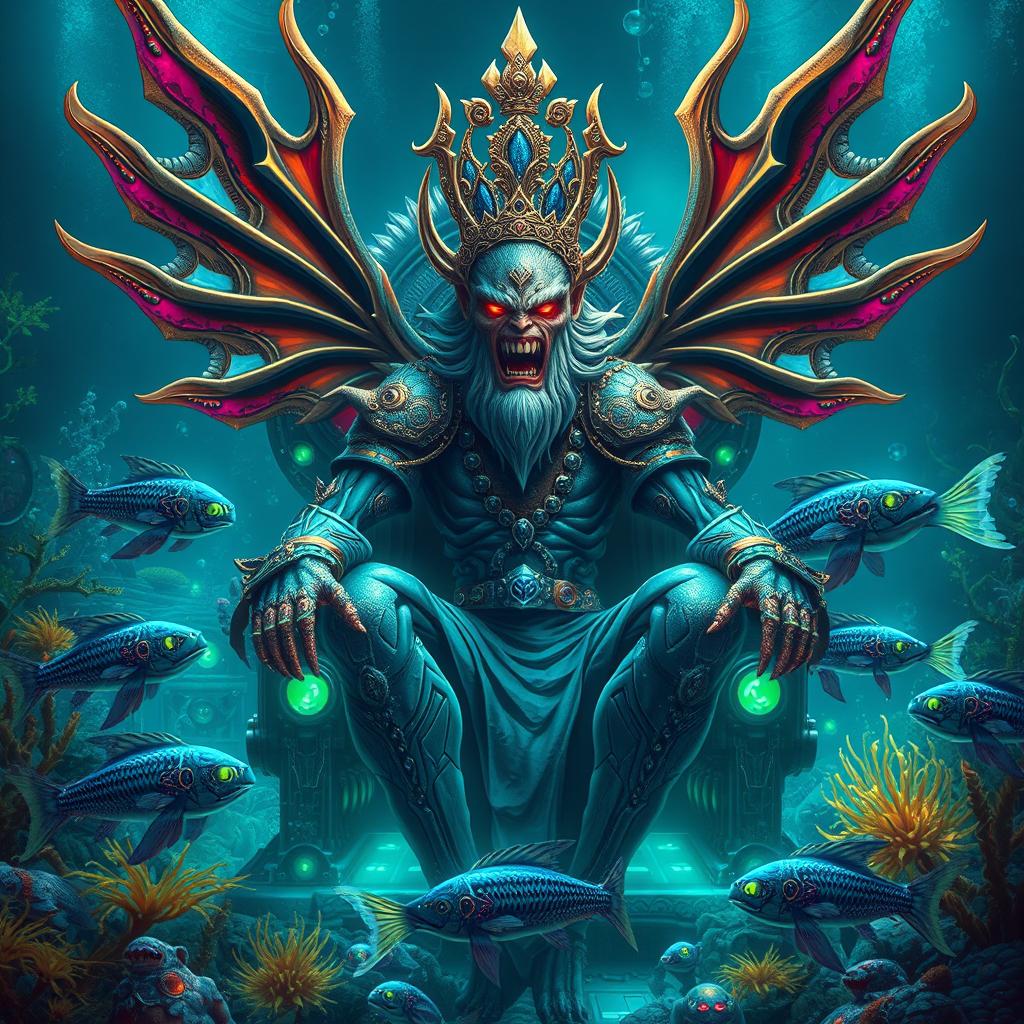 A powerful and imposing cyberpunk evil masculine fish king with large, ornate fins, sitting regally on an underwater throne made of shimmering coral and technology