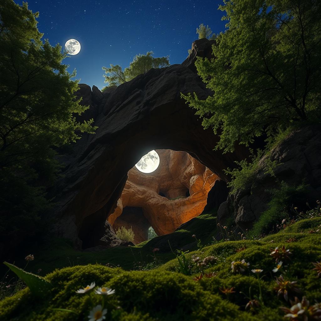A beautiful, serene night scene showcasing the Al Khaf cave, nestled in the mountains