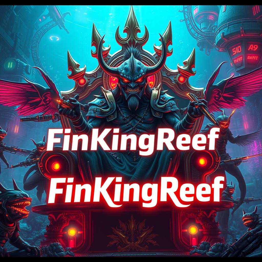 An epic cyberpunk scene featuring an evil masculine fish king with strikingly large fins, sitting regally on an ornate underwater throne