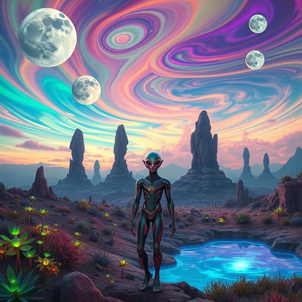 A visually stunning alien landscape featuring a vibrant sky with multiple moons, swirling colorful clouds, and unusual vegetation with glowing plants