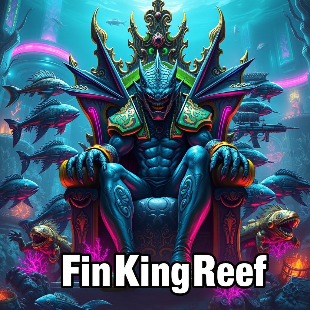 An epic cyberpunk evil masculine fish king with large, majestic fins, sitting regally on an ornate underwater throne