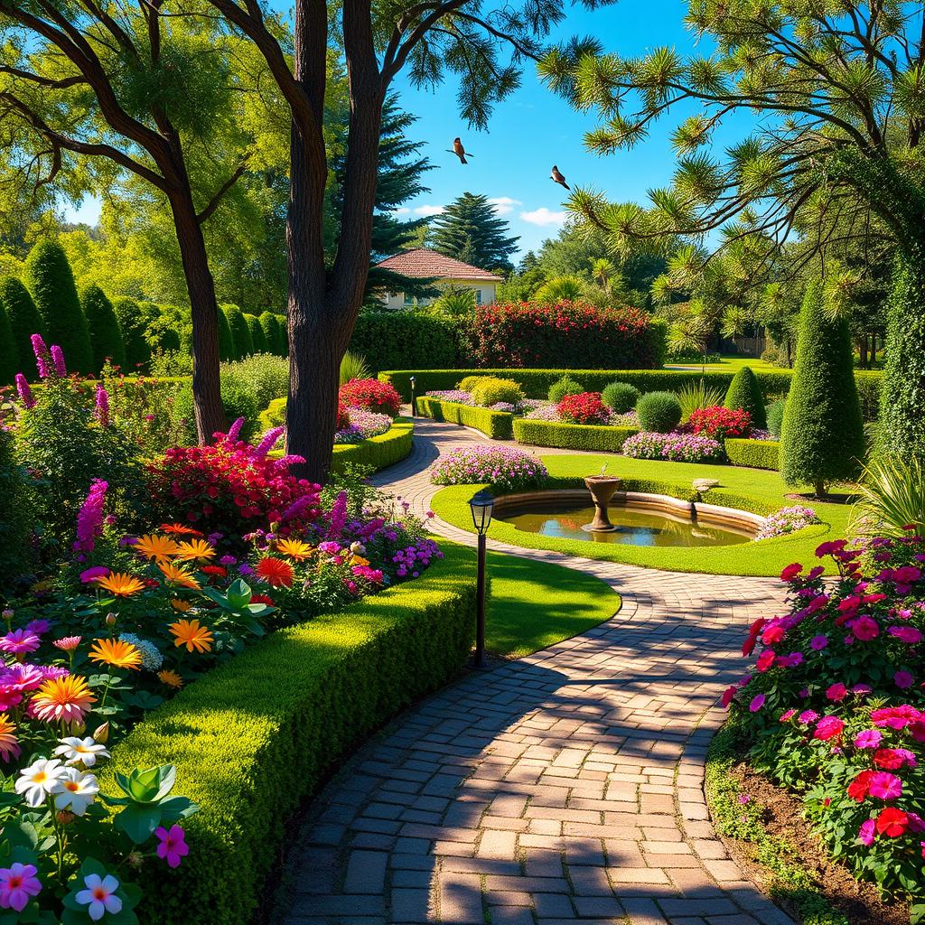 A beautiful, vibrant landscape showcasing a lush garden with colorful flowers in full bloom, neatly trimmed hedges, and tall trees providing shade