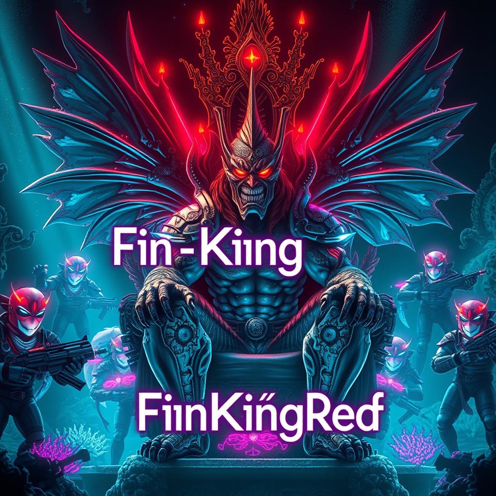 An epic cyberpunk evil masculine fish king with large, majestic fins, sitting confidently on a grand underwater throne