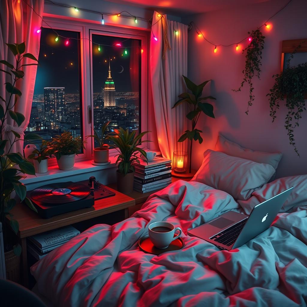A cozy, dimly-lit bedroom filled with plants and colorful fairy lights, a comfortable bed strewn with soft blankets