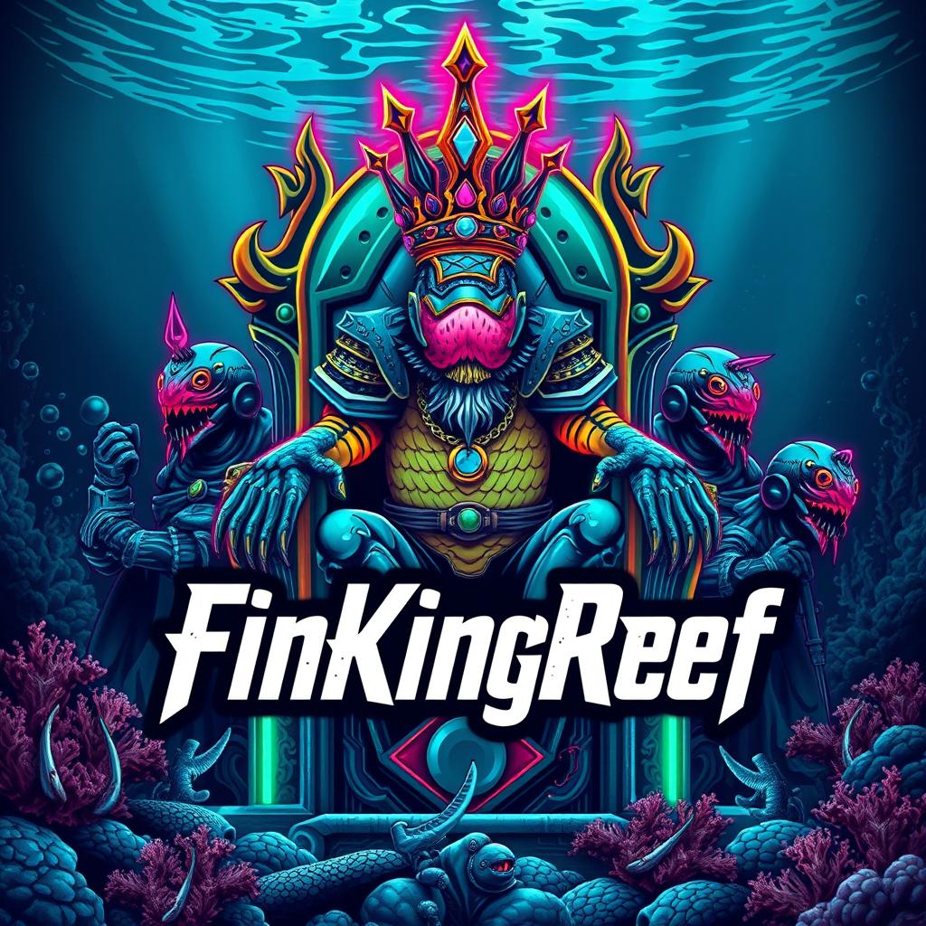 A striking logo depicting a grunge cyberpunk-themed Fish King sitting majestically on a throne illuminated by bioluminescent marine life underwater