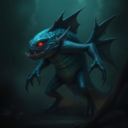 An elemental fantasy creature resembling a humanoid fish with malevolent features, sharp scales glistening in dark shades of blue and green, jagged fins protruding from its arms and back, glowing red eyes that radiate an ominous aura, and an imposing posture that suggests menace