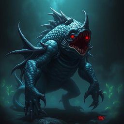 An elemental fantasy creature resembling a humanoid fish with malevolent features, sharp scales glistening in dark shades of blue and green, jagged fins protruding from its arms and back, glowing red eyes that radiate an ominous aura, and an imposing posture that suggests menace