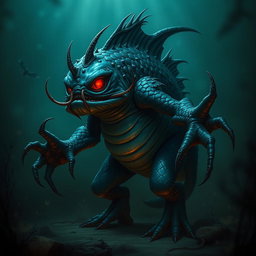 An elemental fantasy creature resembling a humanoid fish with malevolent features, sharp scales glistening in dark shades of blue and green, jagged fins protruding from its arms and back, glowing red eyes that radiate an ominous aura, and an imposing posture that suggests menace