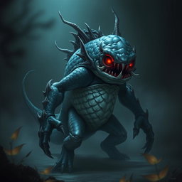 An elemental fantasy creature resembling a humanoid fish with malevolent features, sharp scales glistening in dark shades of blue and green, jagged fins protruding from its arms and back, glowing red eyes that radiate an ominous aura, and an imposing posture that suggests menace