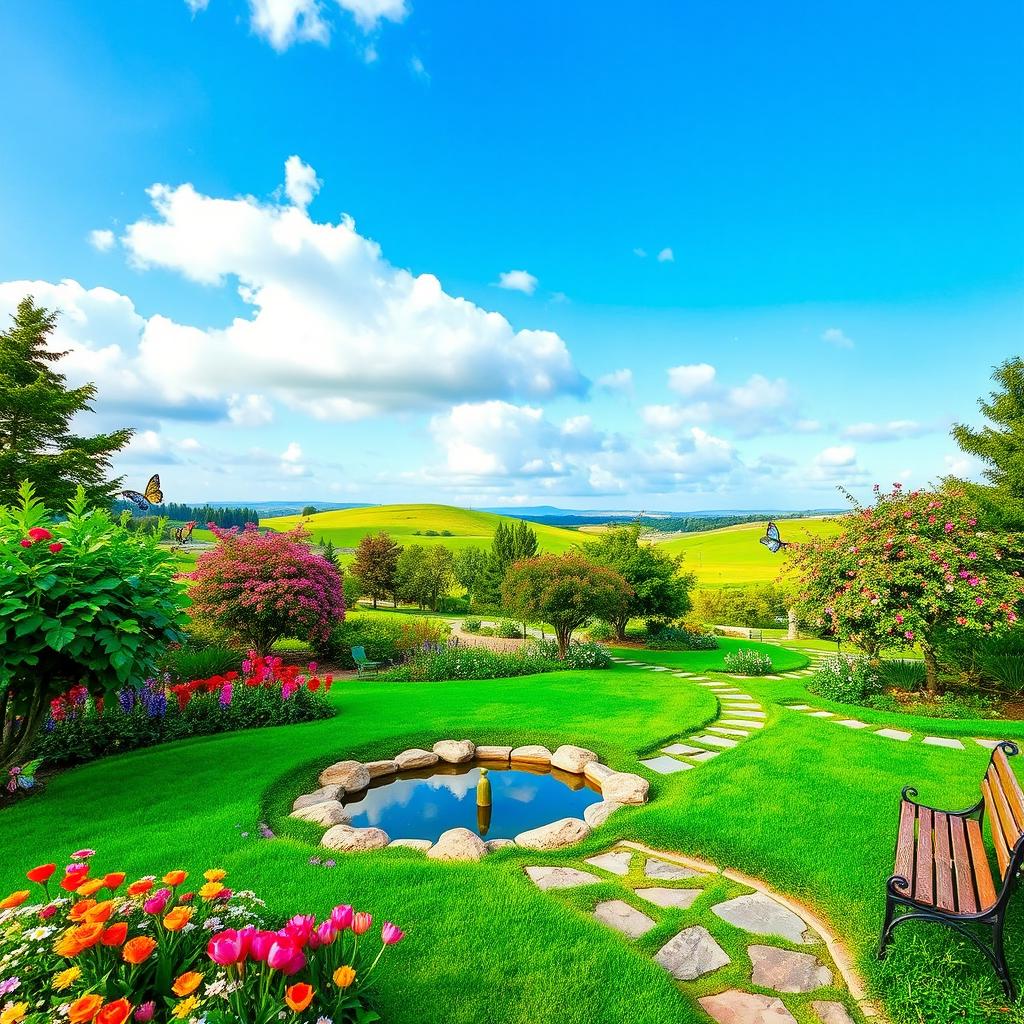 A beautifully designed landscape featuring a lush green garden with vibrant flowers in full bloom, a small ornamental pond reflecting the sky, curved stone pathways, and a variety of trees providing shade