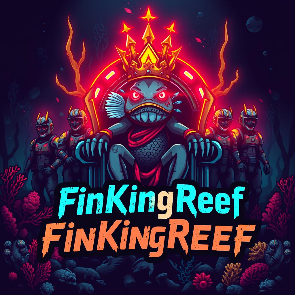 A grunge cyberpunk-style logo featuring a fish king sitting regally on a throne submerged underwater