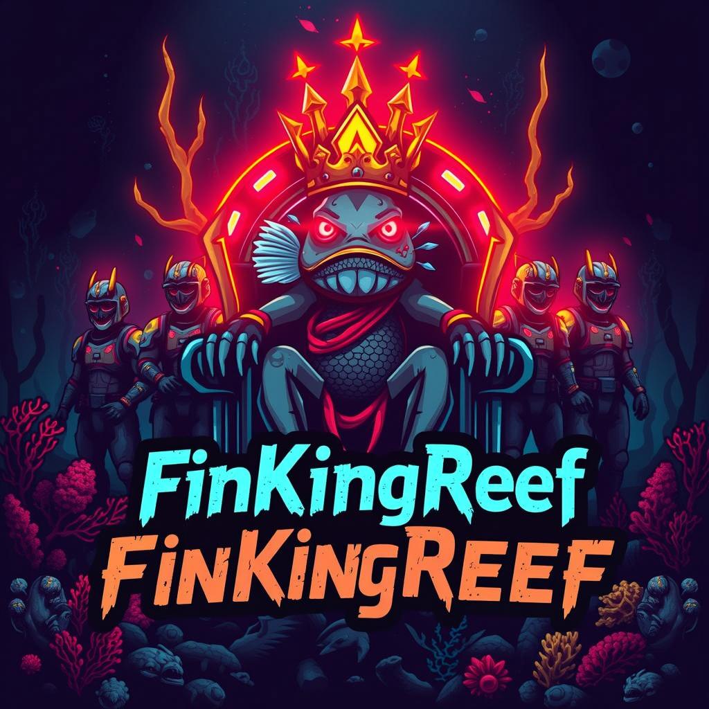 A vibrant and dynamic logo design featuring a grunge cyberpunk fish king seated on a throne underwater