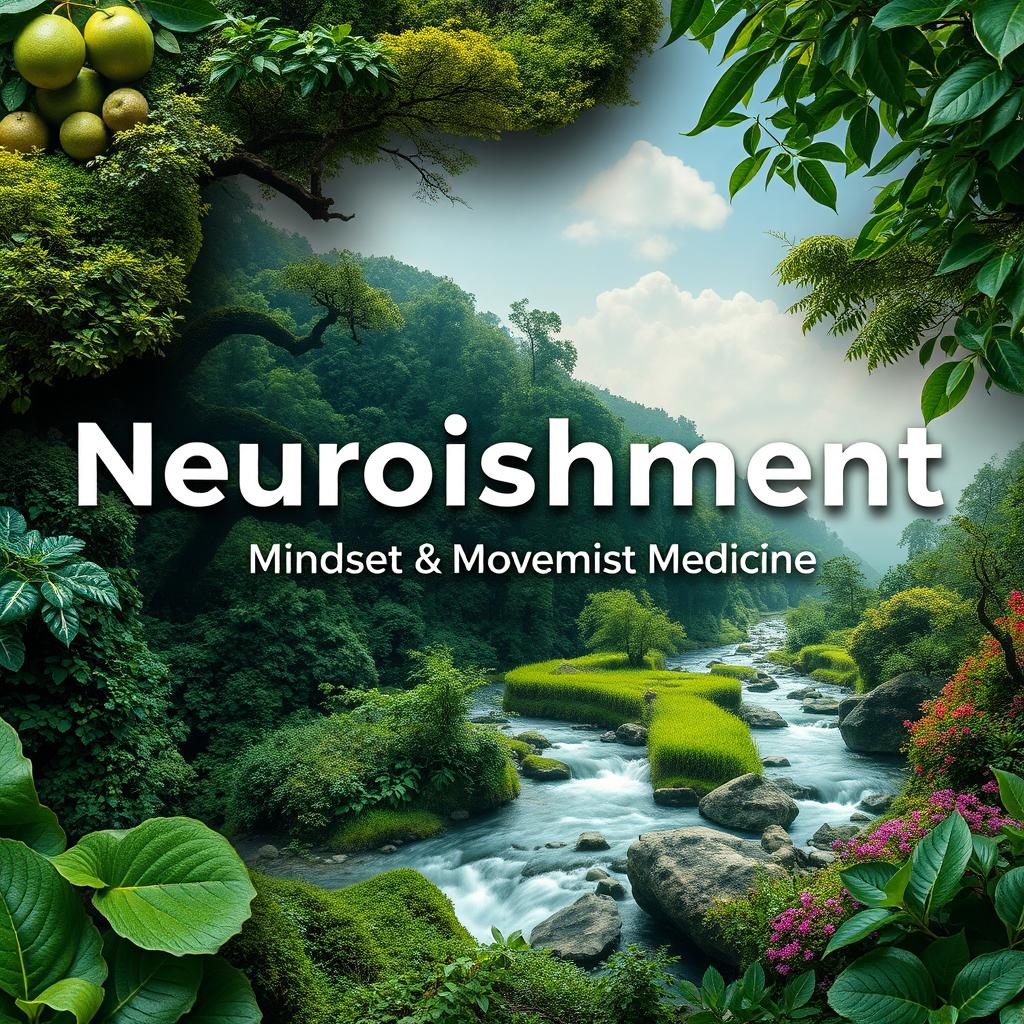 A beautifully crafted book cover focused on health, wellness, and self-improvement, titled 'Neuroishment: Mindset & Movement is Medicine'