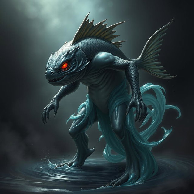 An elemental fantasy creature that combines features of a humanoid fish with a half-water elemental appearance