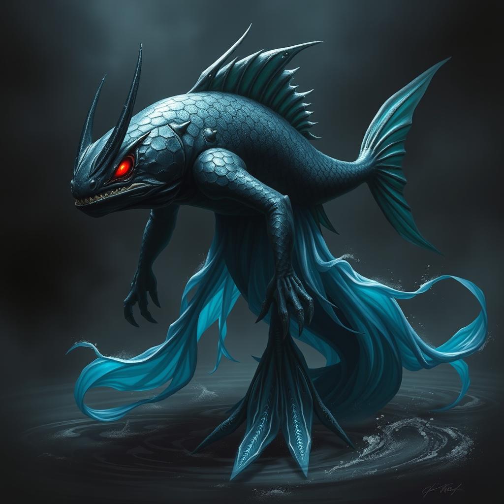 An elemental fantasy creature that combines features of a humanoid fish with a half-water elemental appearance