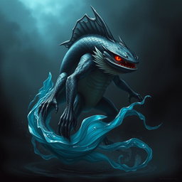 An elemental fantasy creature that combines features of a humanoid fish with a half-water elemental appearance