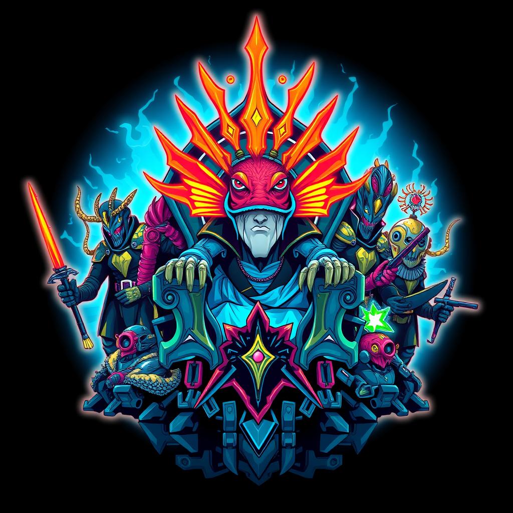 A cyberpunk-inspired logo featuring a fish king as the central figure, adorned with vibrant, exaggerated fins