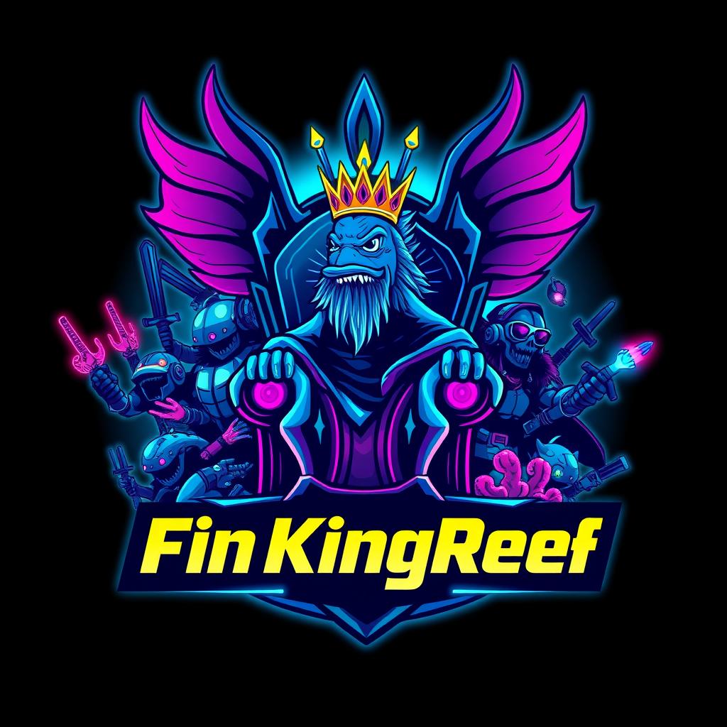 A cyberpunk-inspired logo featuring a fish king with large, extravagant fins as the central figure