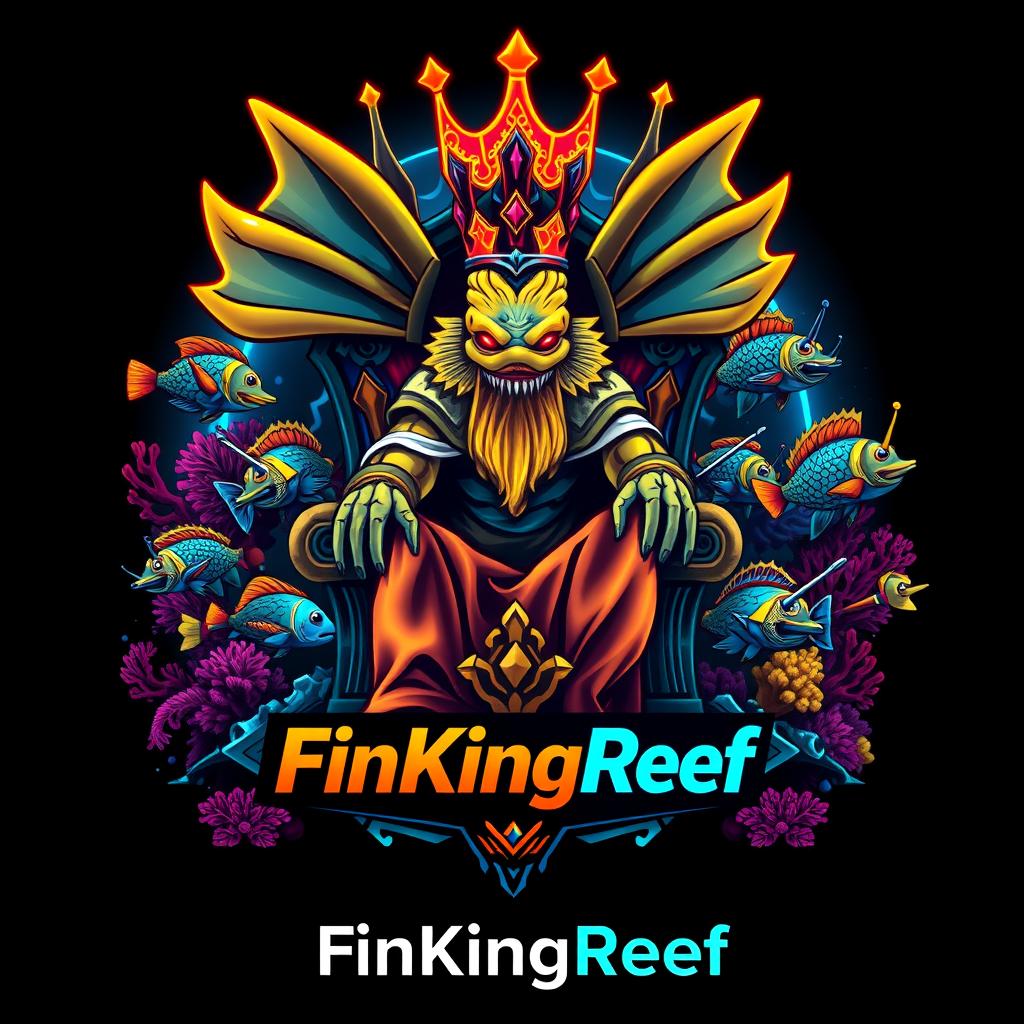 A cyberpunk-inspired logo featuring a majestic fish king with large, elaborate fins