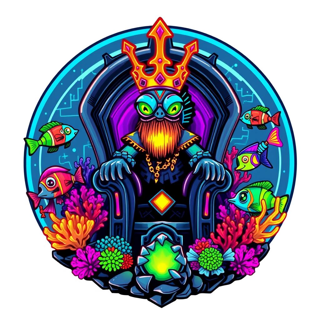 A cyberpunk-themed logo showcasing a majestic reef fish king with large, striking fins, seated regally on a detailed underwater throne