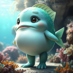 A neutral-looking elemental fantasy creature that features humanoid fish characteristics