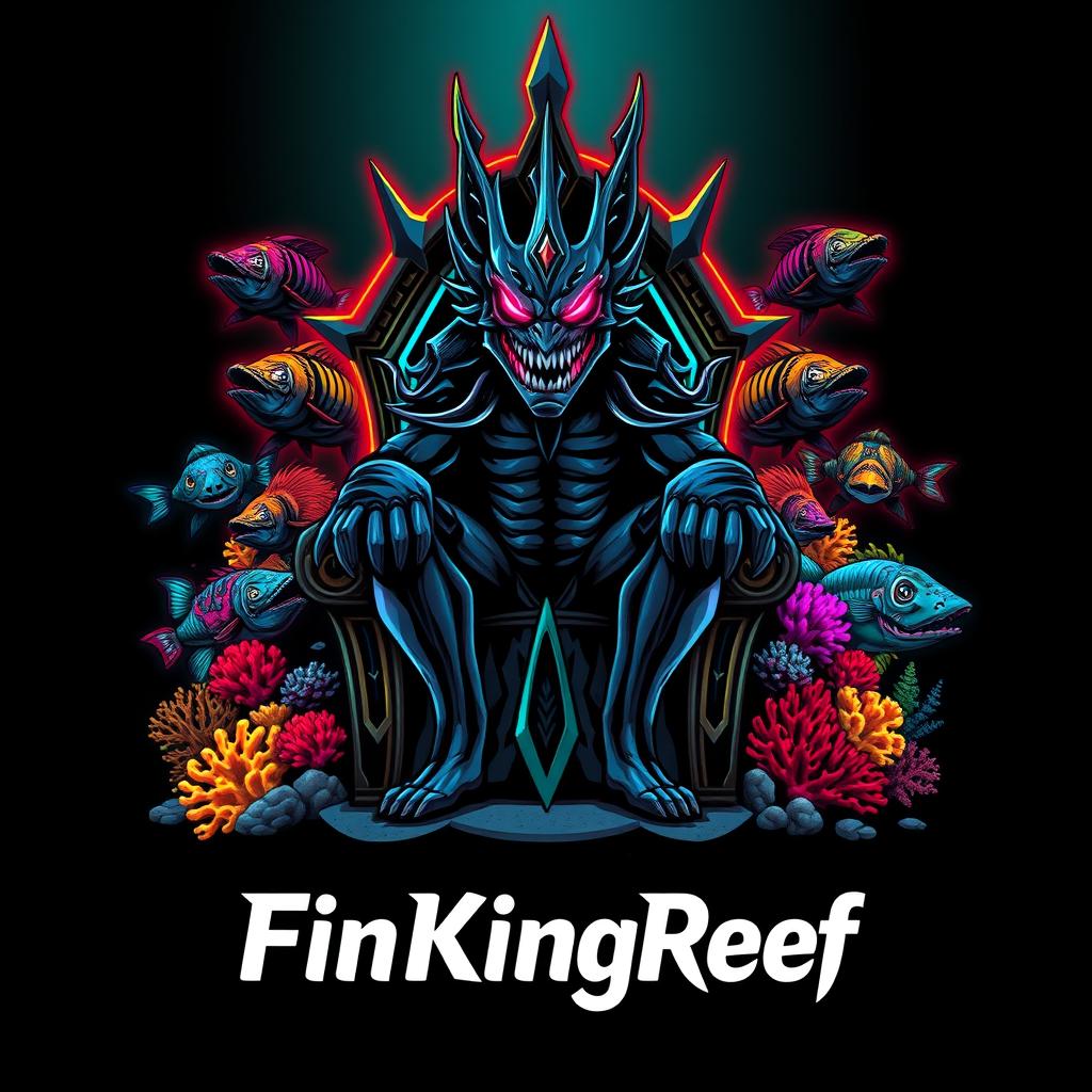 A cyberpunk-themed logo depicting an evil, masculine reef fish king with large, aggressive fins