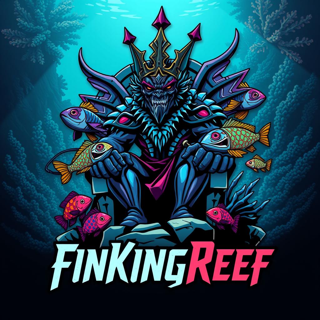 A cyberpunk logo featuring an evil, masculine reef fish king with large, elaborate fins, asserting dominance as he sits on an ancient underwater throne