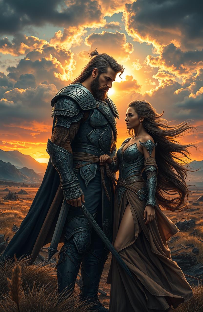 A romantic fantasy scene titled 'Falling for WarLord', featuring a powerful and charismatic warlord with a rugged yet handsome appearance, clad in intricate armor adorned with ancient runes and designs