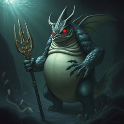 An elemental fantasy creature with features of a humanoid fish, exuding an evil appearance