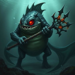 An elemental fantasy creature with features of a humanoid fish, exuding an evil appearance