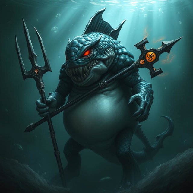 An elemental fantasy creature with features of a humanoid fish, exuding an evil appearance