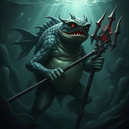 An elemental fantasy creature with features of a humanoid fish, exuding an evil appearance