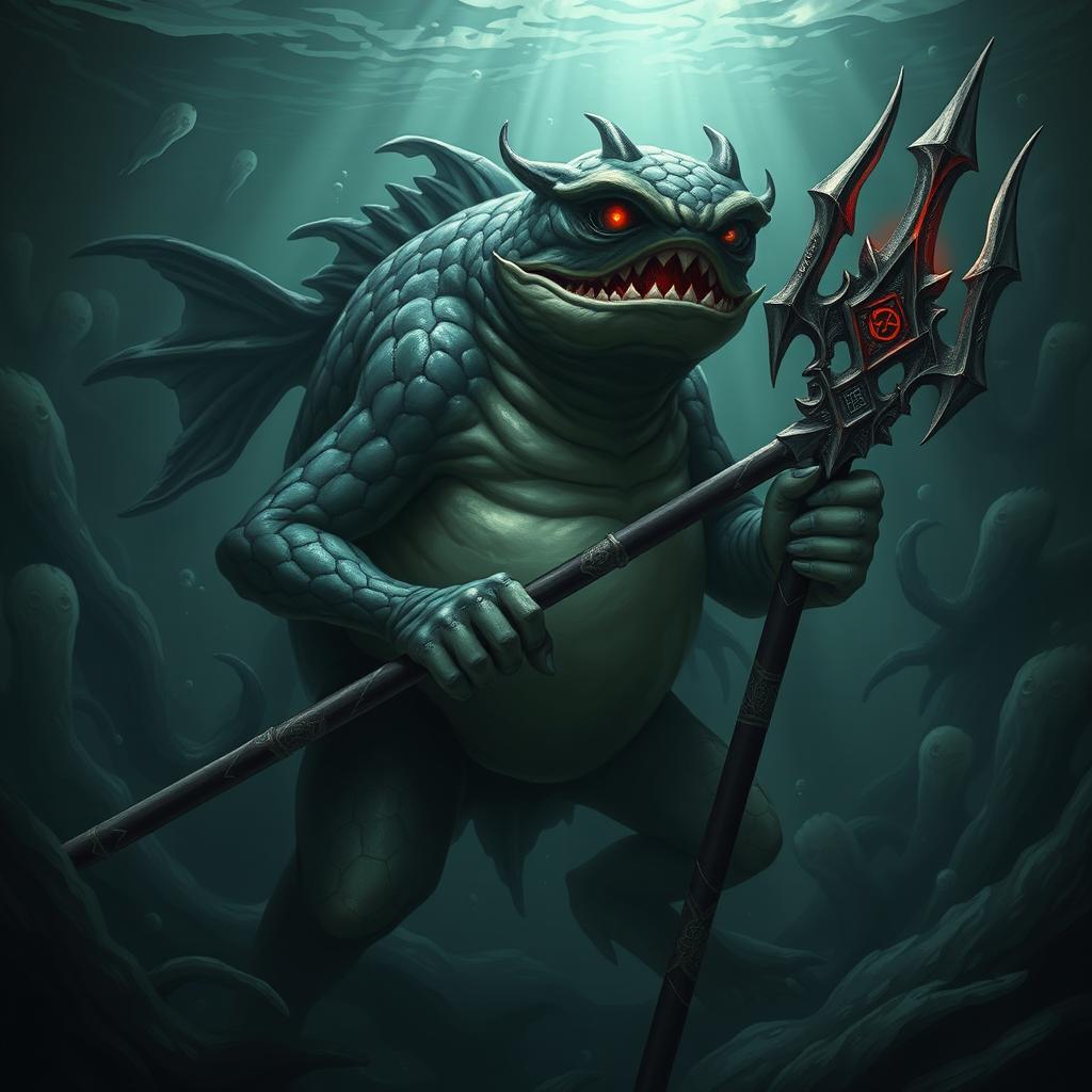 An elemental fantasy creature with features of a humanoid fish, exuding an evil appearance